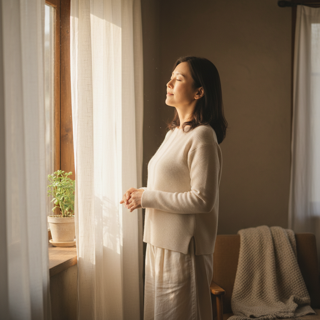 朝の光の中で深呼吸をする女性